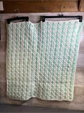 Handmade Crochet Baby Blanket Mint Green & White Vintage Style Security Blanket